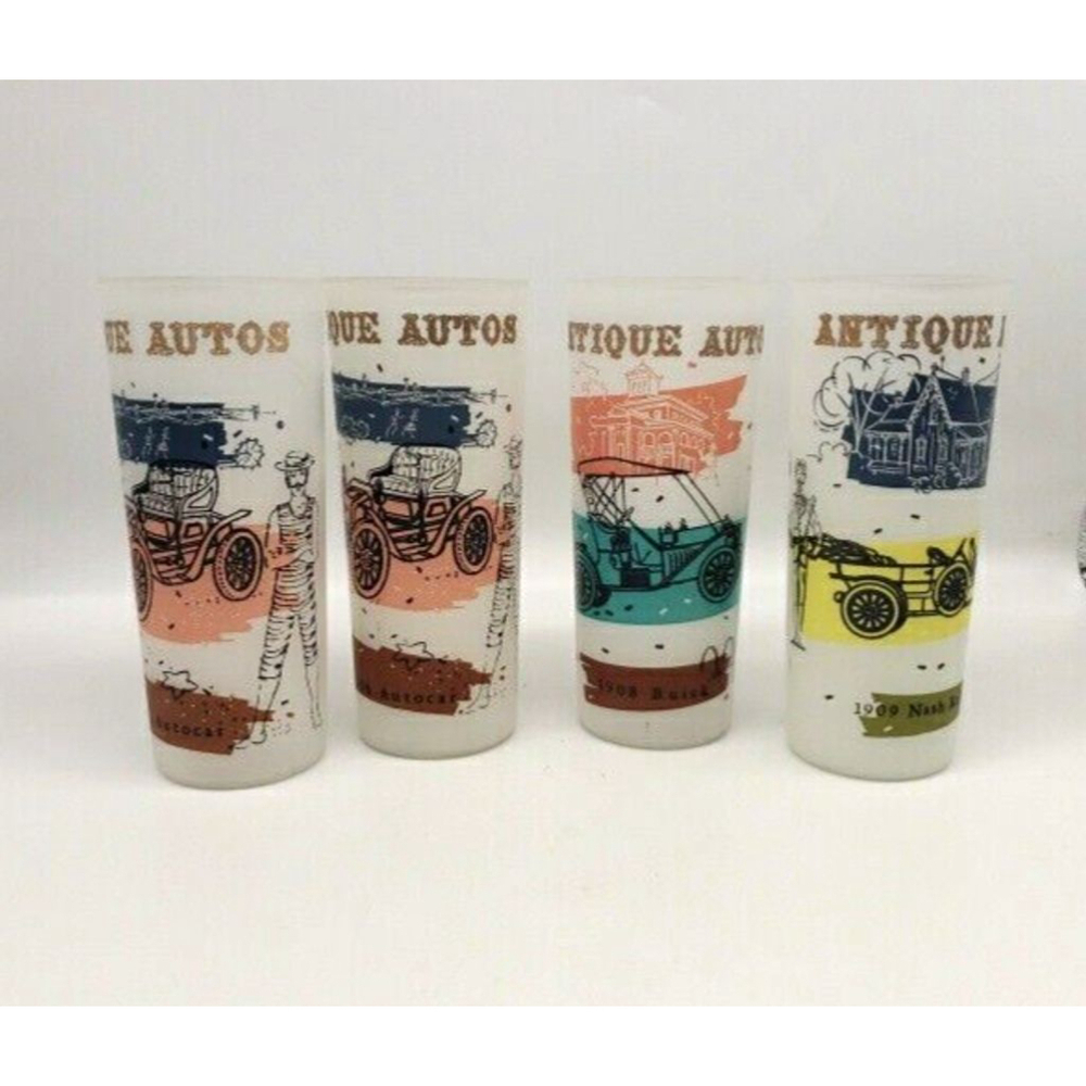 4 Anchor Hocking Antique Autos 16oz Frosted Glass Tumblers Tom Collins Glasses